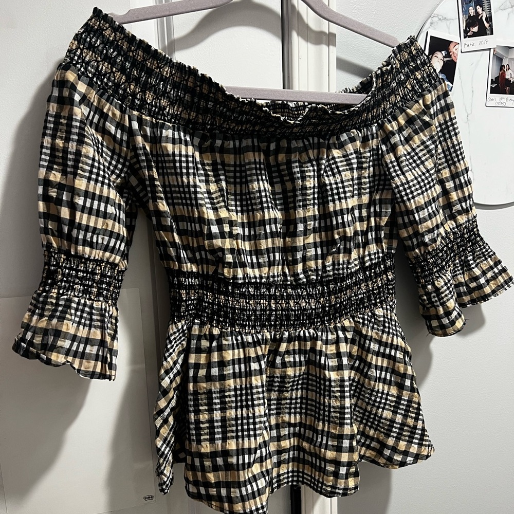 Ganni peplum plaid blouse